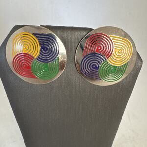 Vtg Modern Round Colorful Retro Pierced Earrings Mid Century Rare Silver Tone